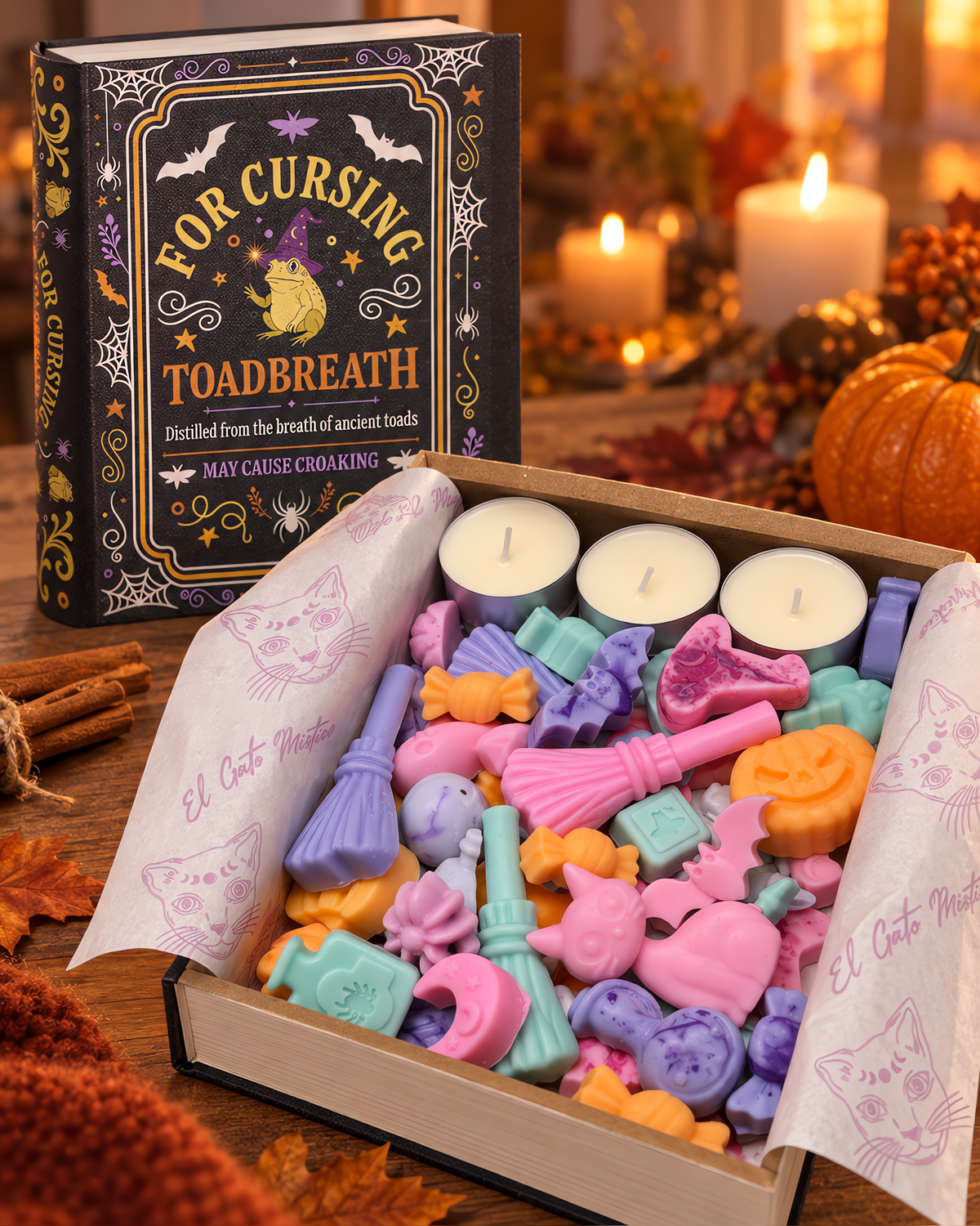 Pack Grimorio del Sapo Mágico | Wax melts Pumpkin Spice y velas de té