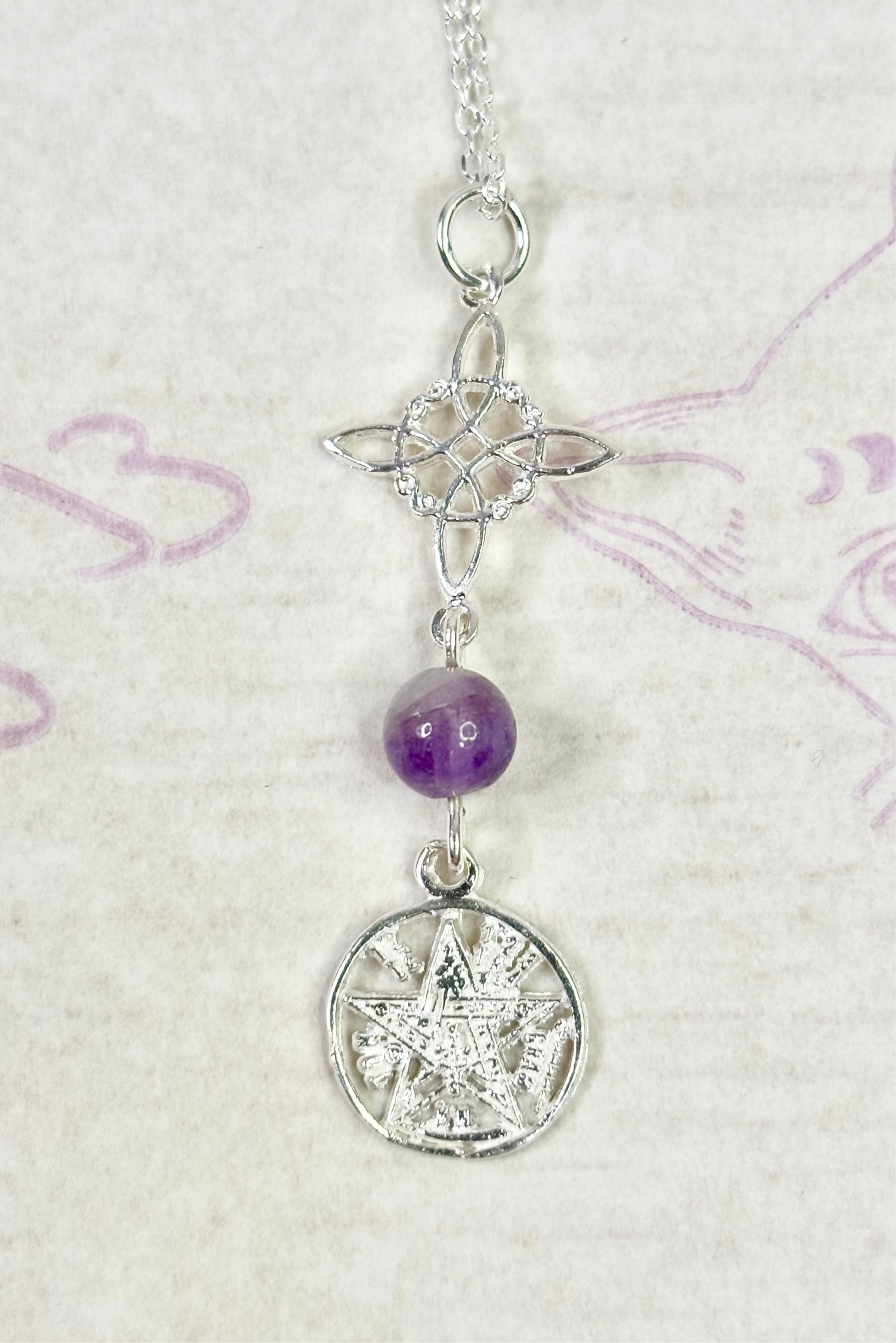 Collar Tripe Protección de Plata - Nudo de Bruja, Amatista y Tetragramaton
