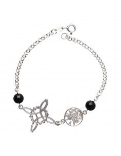 Pulsera Triple Protección en Plata | Nudo de Bruja, Tetragramaton y Ónix