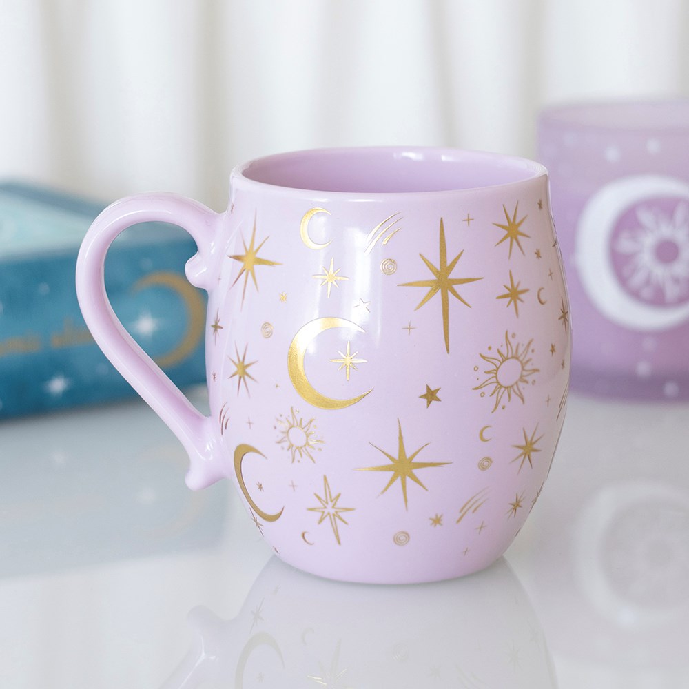 Taza Cielo Estrellado Lila con lunas y estrellas doradas